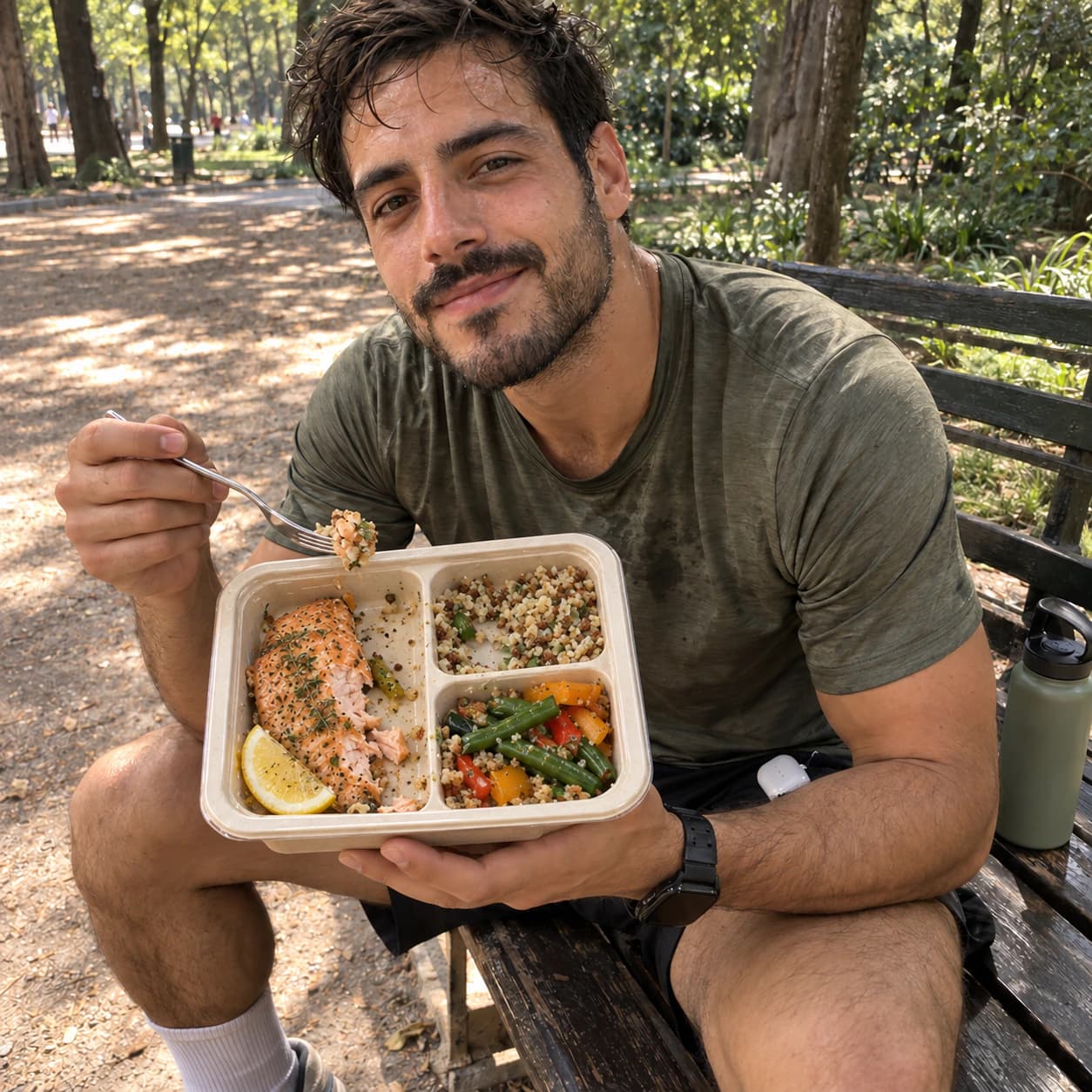 Mateo come su comida Santé en una banca del parque después de entrenar